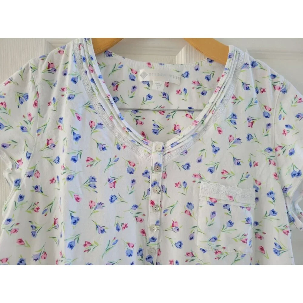 Eileen West Womens white blue Pink floral Traditional nightgown Large sleepwear